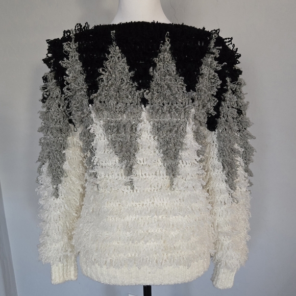 Answers By Riddles Fringe Boho Shaggy Colorblock Geometric Pullover Sweater Sz M - Picture 1 of 10